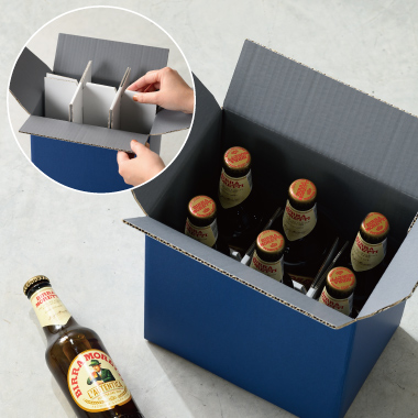 ネイビーボックスに仕切りパーツを使ってクラフトビールを入れている