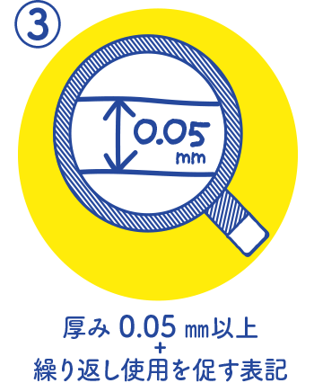 厚み0.05mm以上+繰り返し使用を促す表記