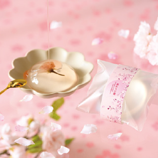 桜の花を浮かべた春らしい桜わらび餅。個包装の桜わらび餅を詰め合わせるギフトラッピングアイデア。