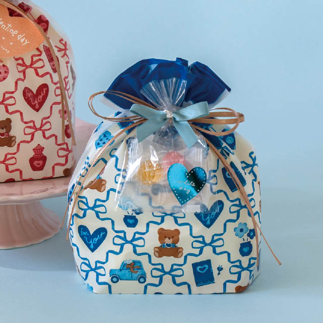 リボンチェックPE巾着バッグ-S/ブルー ブルー W180×D80×H180