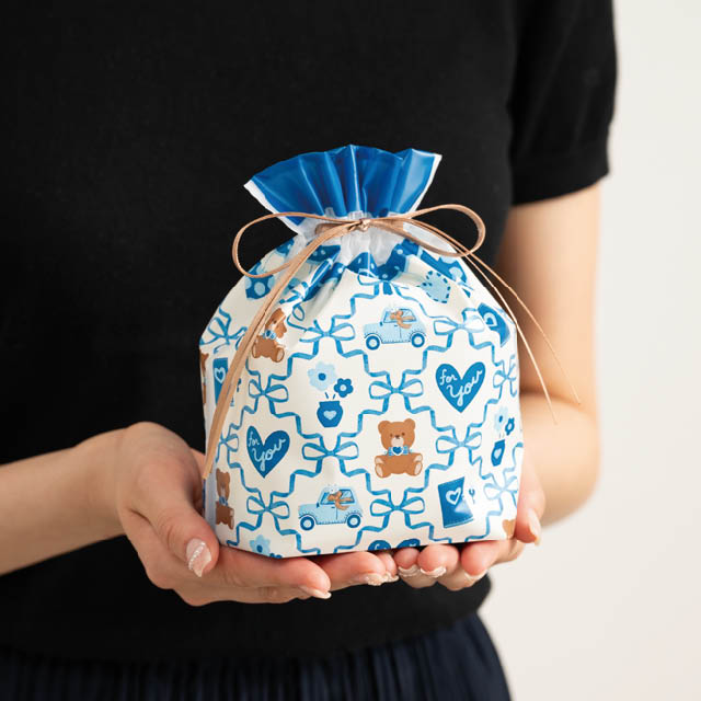 リボンチェックPE巾着バッグ-S/ブルー ブルー W180×D80×H180