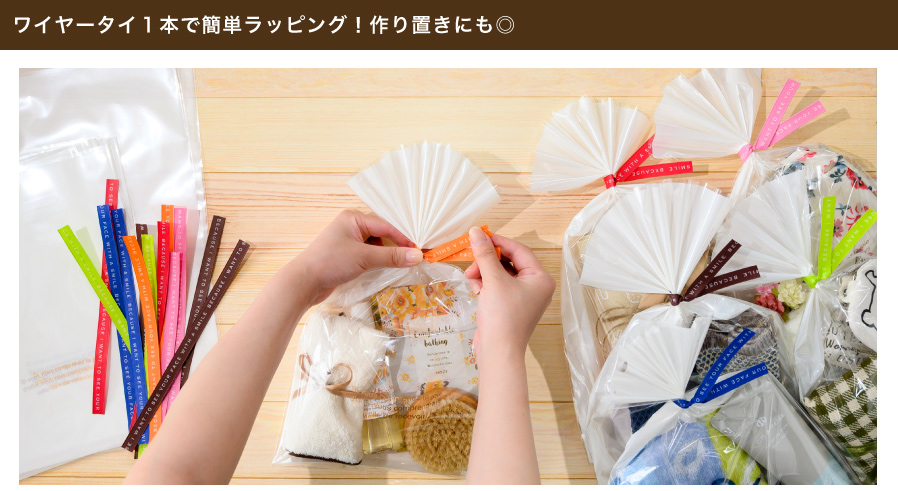 さりげないデザインがカワイイ、カラーバリエーションが豊富な幅が太めのワイヤータイです。消耗品も紙素材にしてエコに配慮！ねじっても破れにくいので、ワイヤータイ１本で簡単ラッピングができます。忙しいイベントシーズンの作り置きも◎