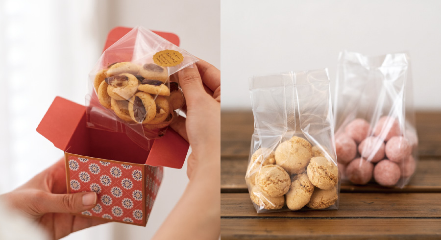 透明無地ガス袋OB-215（個包装袋）に入れたお菓子がきれいに入るサイズ感です。