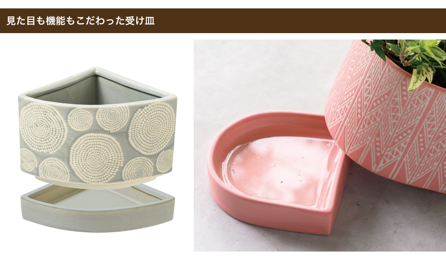 受け皿の縁で鉢本体を支えているので、鉢底と皿の間に空間があります。深めの受け皿で水が溢れにくく、溜まった水も直接土に触れないので、根腐れのリスクも軽減できます。