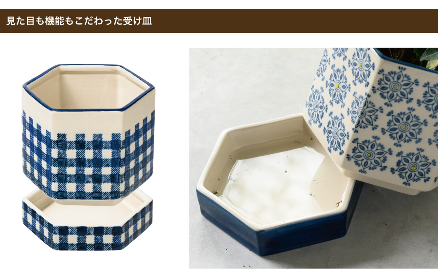 受け皿の縁で鉢本体を支えているので、鉢底と皿の間に空間があり、受け皿に溜まった水と底穴が直接触れないようになっています。