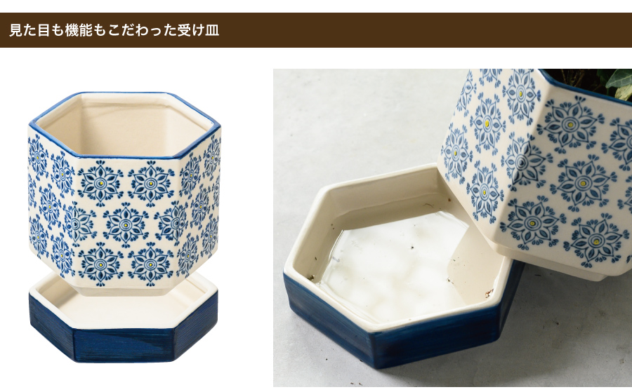 受け皿の縁で鉢本体を支えているので、鉢底と皿の間に空間があり、受け皿に溜まった水と底穴が直接触れないようになっています。