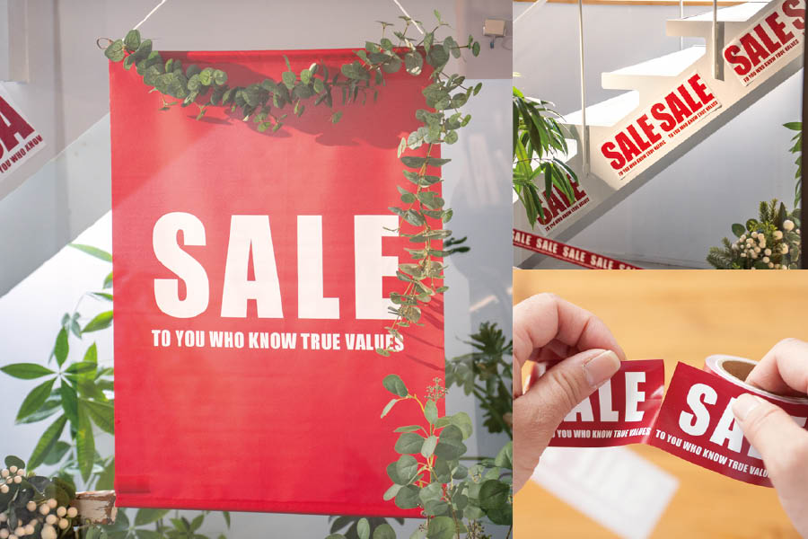 バーゲンなどの販促に使えるセールのシールを貼った店頭イメージ