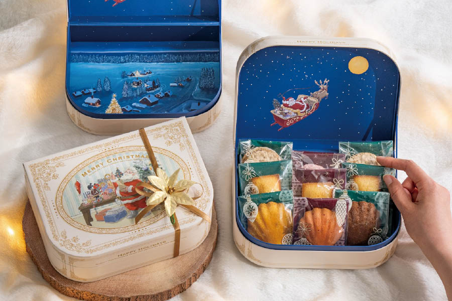クリスマスデザインのギフトボックスとギフト缶紹介